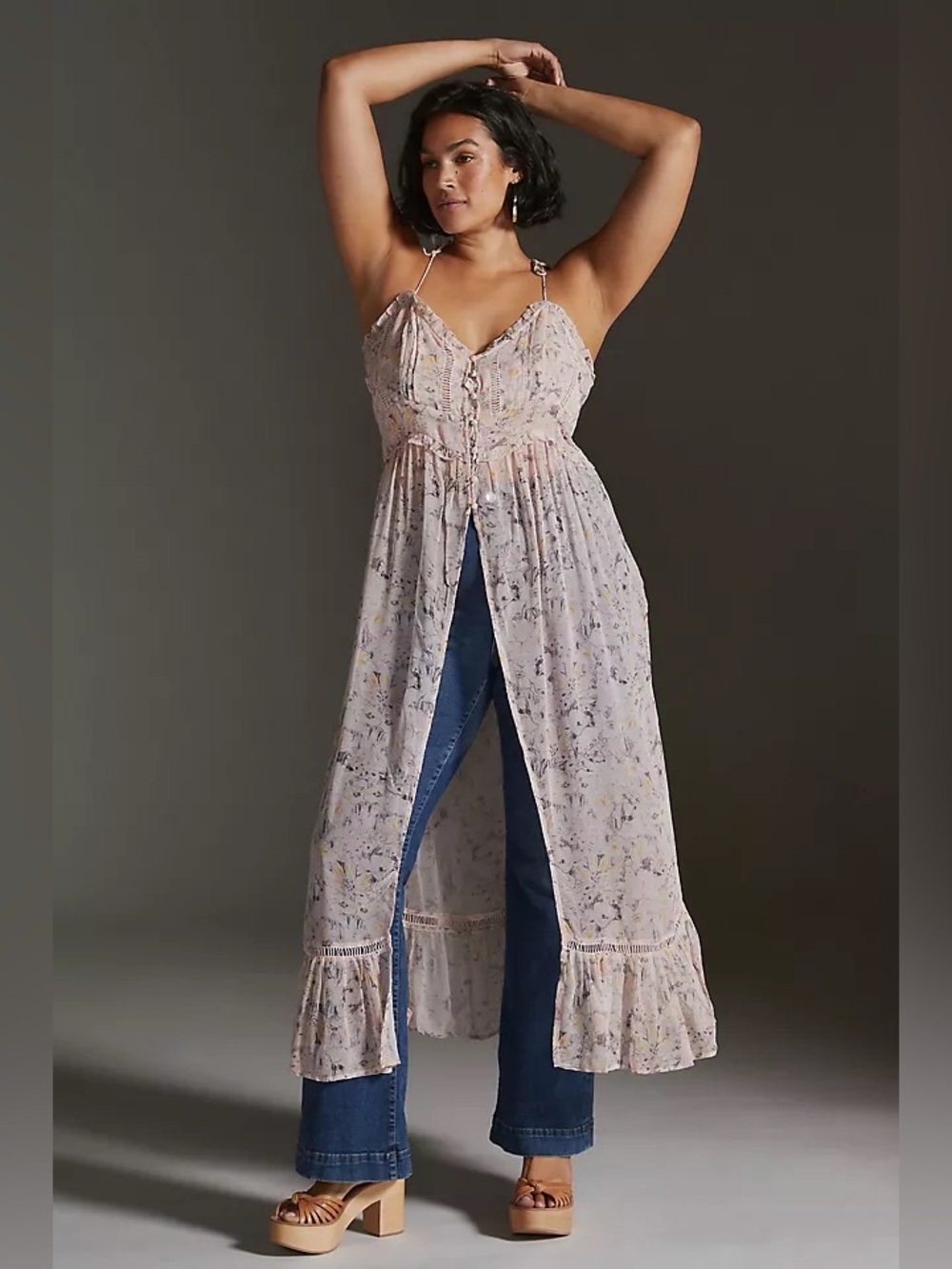 By Anthropologie Sheer Curtain Top Pastel Pink Floral Maxi Duster Tunic Dress
